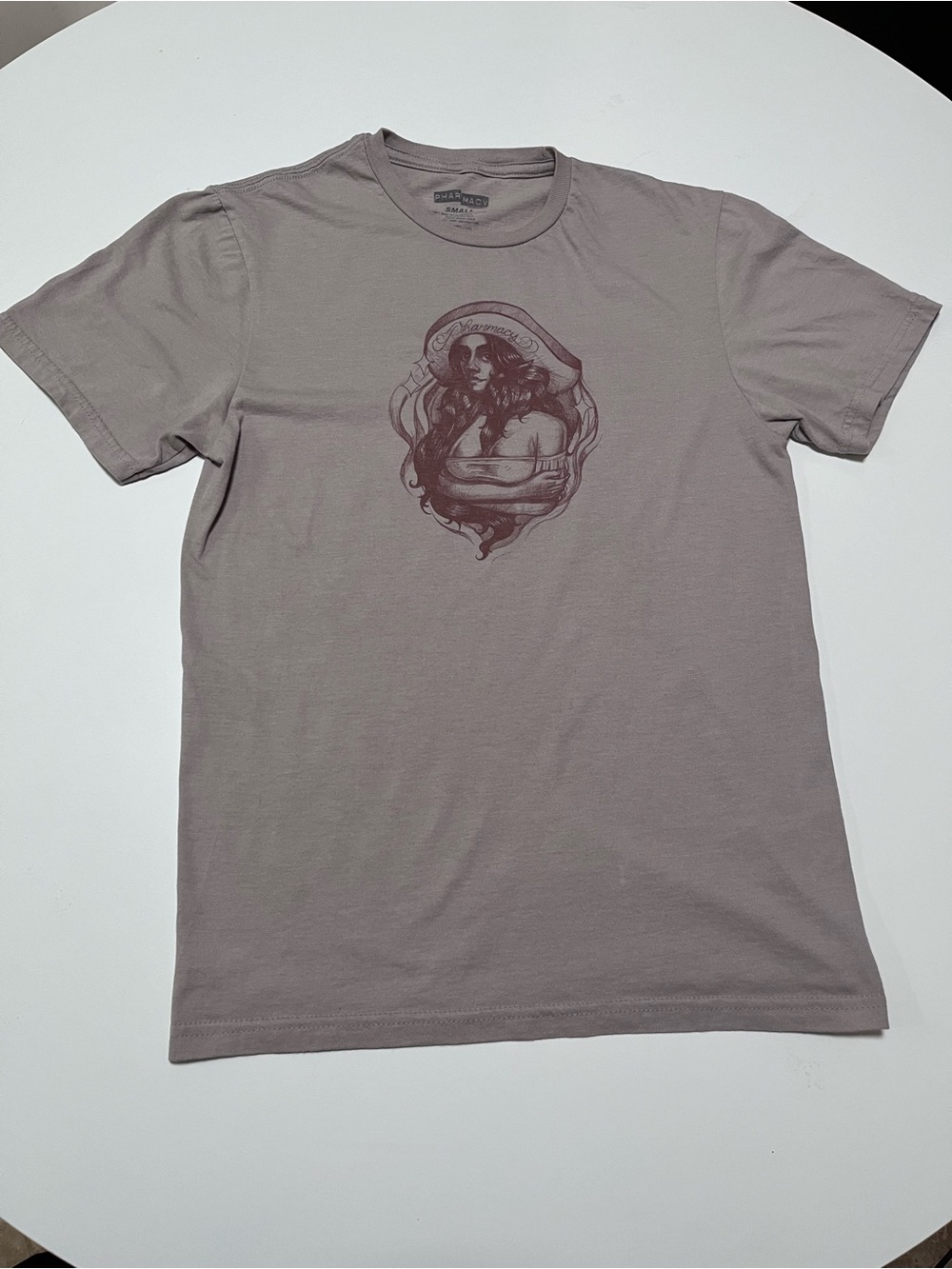 Pharmacy Graphic Tee Small Taupe Brown Art Girl Cotton Short Sleeve Shirt